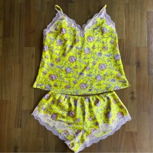 Victoria's Secret Yellow Floral Pajama Set with Lace Trim size M